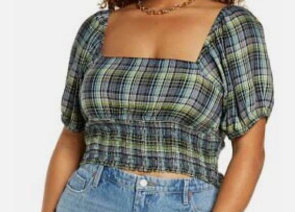 NEW BP Womens Smock Crop Top Green Size Medium Plaid Square Neck Puff Sleeve